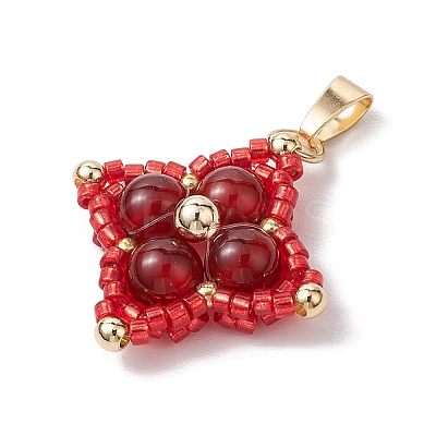 Natural Carnelian(Dyed & Heated) & Glass Seed Beaded Woven Pendants PALLOY-MZ00365-03-1