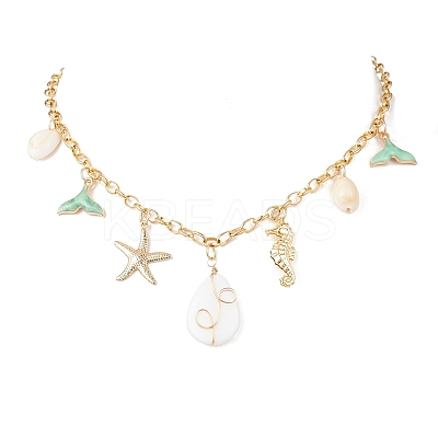 Alloy Enamel Whale Tail Starfish & Natural Shell Teardrop Pendant 304 Stainless Steel Cable Chain Necklaces for Women NJEW-JN05407-03-1