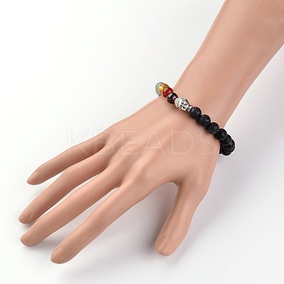 Buddha Head Natural Lava Rock Beaded Chakra Stretch Bracelets BJEW-JB02226-01-1