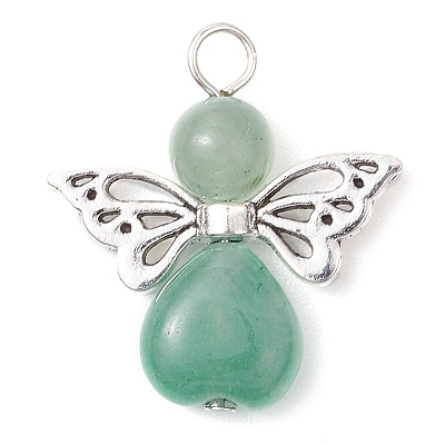 Natural Green Aventurine/Lapis Lazuli/Rose Quartz/Tiger Eye/Blue Spot Jasper/Synthetic Turquoise Heart Angel Pendants PALLOY-JF03186-01-1