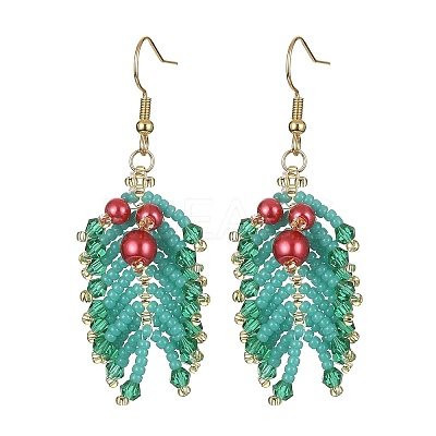 MIYUKI Rocailles & Glass Pearl Beaded Leaf Dangle Earrings EJEW-MZ00091-1