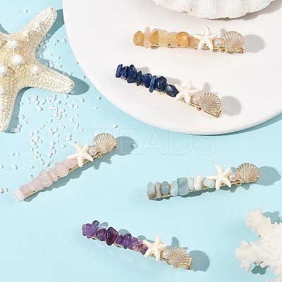 5Pcs 5 Styles Synthetic Turquoise & Natural Rose Quartz & Flower Amazonite & Lapis Lazuli & Amethyst & Topaz Jade Chip Alligator Hair Clips PHAR-TA000010-1