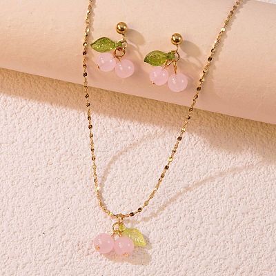 Cherry 304 Stainless Steel Glass Pendant Necklaces & Stud Dangle Earrings Sets WGB239D-02-1