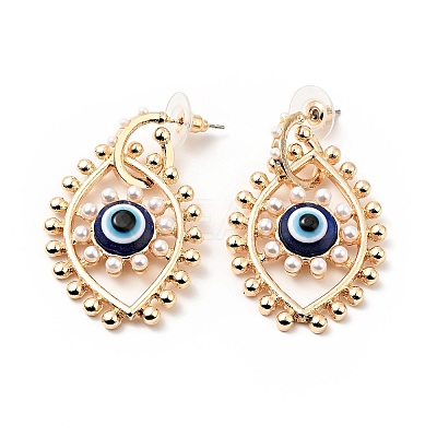 Resin Evil Eye Dangle Stud Earrings with Acrylic Pearl Beaded EJEW-J045-04KCG-1