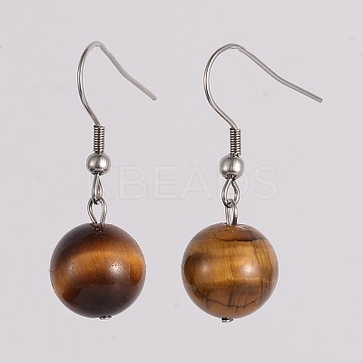Round 304 Stainless Steel Natural Tiger Eye Dangle Earrings EJEW-JE01973-05-1