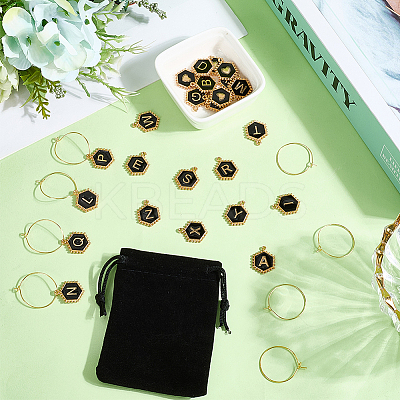 Hexagon with Letter Alloy Black Enamel Pendants Wine Glass Charms DIY-SC0030-20-1