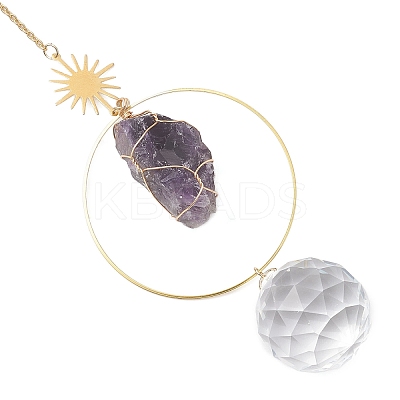 3Pcs Nuggets Natural Amethyst & Fluorite & Rose Quartz & Glass Round Hanging Suncatchers HJEW-JM04660-1