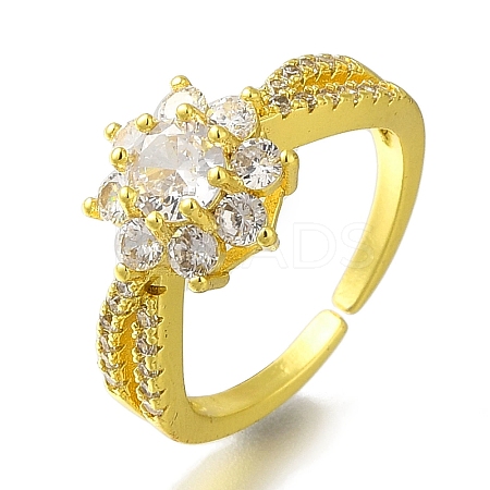 Rack Plating Flower Brass Micro Pave Clear Cubic Zirconia Open Cuff Rings for Women RJEW-H232-01G-1