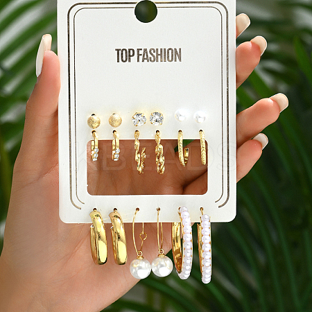 6 Pairs Geometric Metal Faux Pearl Earring Set for Women JC5579-2-1