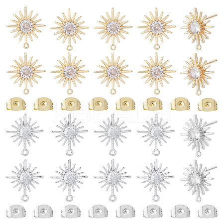 8Pcs 2 Size Sun Shape Brass Clear Cubic Zirconia Stud Earring Findings ZIRC-OC0001-09-1