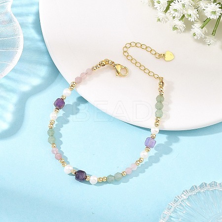 Natural Mixed Gemstone Faceted Round and Cube Beaded Bracelets with Natural Pearl & Brass End Chains BJEW-JB14336-02-1