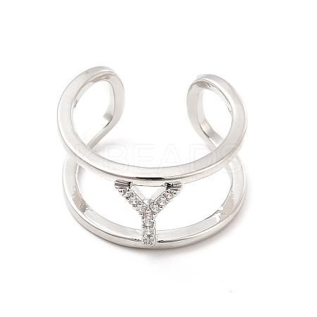 Clear Cubic Zirconia Initial Letter Open Cuff Ring RJEW-A012-01P-Y-1