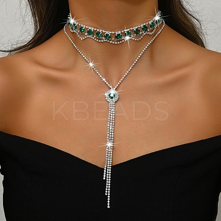 Brass Full Rhinestone Flat Round Tassel Y Necklaces for Women NJEW-M104-01S-01-1
