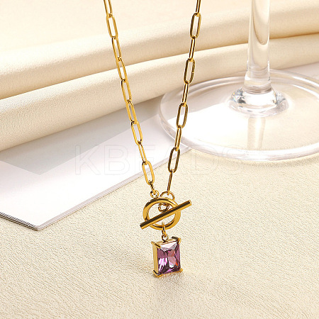 304 Stainless Steel Pave Cubic Zirconia Square Birth Stone Pendant OT Necklaces FS-WGEE56A-02-1