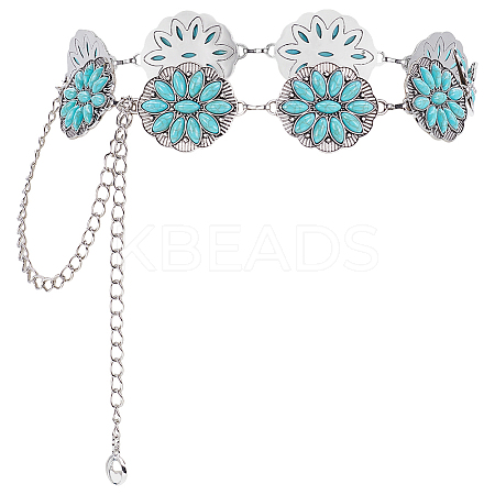 1Pc Alloy & Synthesis Turquoise Flower Link Waist Belly Chains for Women AJEW-UN0002-19-1