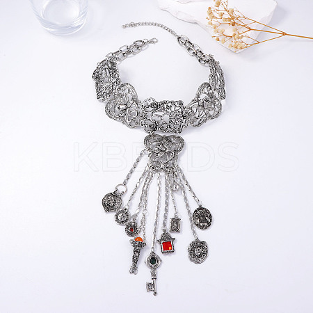 Bohemian Zinc Alloy Rhinestone Flower Key Coin Long Tassel Choker Necklaces for Women FS-WGCB918-01-1