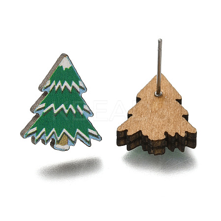 Christmas Printed Wood Stud Earrings for Women EJEW-U025-01D-1