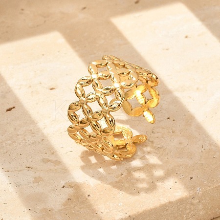 Flower 304 Stainless Stee Open Cuff Rings for Women RJEW-Q006-03E-G-1