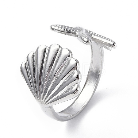 304 Stainless Steel Shell with Starfish Open Cuff Ring for Women RJEW-C046-03P-1