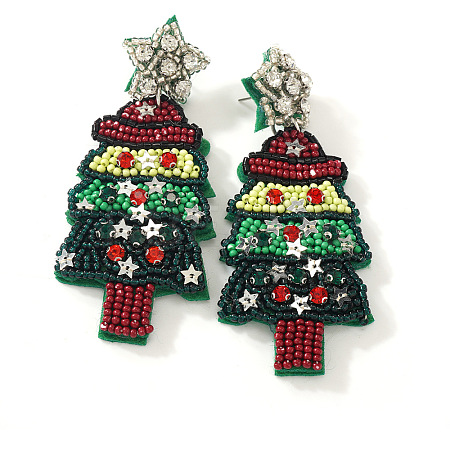 Christmas Tree with Star Handmade Glass Seed Beads Dangle Stud Earrings HU0349-7-1