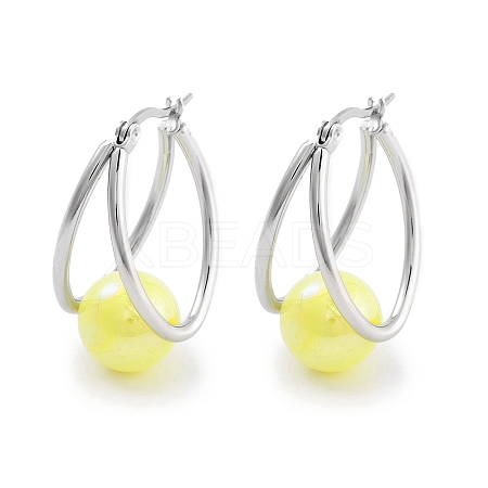 304 Stainless Steel & Plastic Imitation Pearl Oval with Ball Hoop Earrings for Women EJEW-C096-13P-04-1