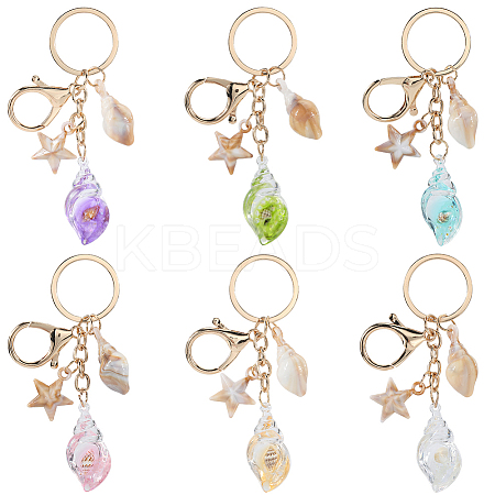 6Pcs 6 Colors Luminous Acrylic Conch Starfish Pendants Keychain AJEW-SP0001-42-1
