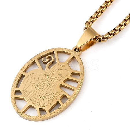 201 Stainless Steel Hollow Catholic Saint Benedict Oval Pendant Box Chain Necklaces NJEW-D089-05G-1