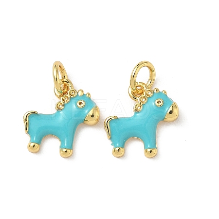 Brass Cyan Enamel Horse Charms with Jump Rings KK-I371-01G-1