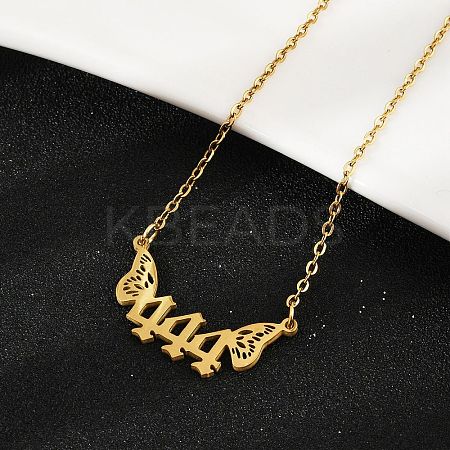 201 Stainless Steel Number 444 with Butterfly Wings Pendant Necklaces NJEW-P332-01B-G-1