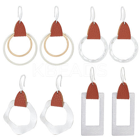 4 Pairs 4 Styles Round & Rectangle & Polygon & Ring Brass Dangle Hoop Earrings EJEW-AN0003-06-1