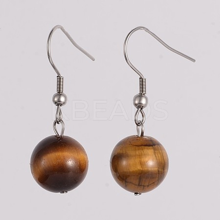 Round 304 Stainless Steel Natural Tiger Eye Dangle Earrings EJEW-JE01973-05-1