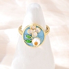 Brass Sky Blue Enamel Flower Cuff Rings RJEW-C139-17A-G-1
