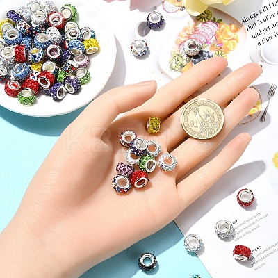 100Pcs 10 Colors Polymer Clay Rhinestone European Large Hole Beads with Silver Color Plated Brass Cores FIND-YW0004-88-1