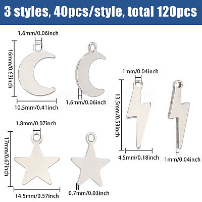 120Pcs 3 Styles Stainless Steel Pendants STAS-CA0002-43-1