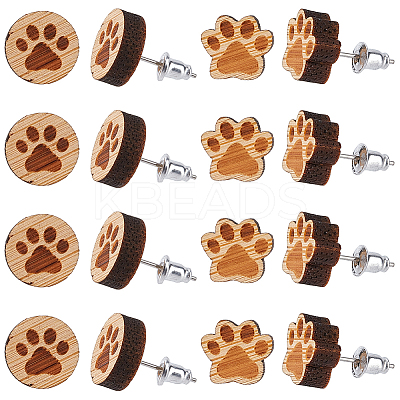 6 Pairs 2 Style Paw Print Wood Stud Earrings with Steel Iron Pins EJEW-SC0001-46-1