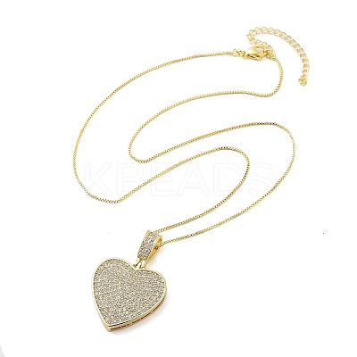 Brass Micro Pave Clear Cubic Zirconia Box Chain Heart Pendant Necklaces for Women NJEW-M009-02G-C-1