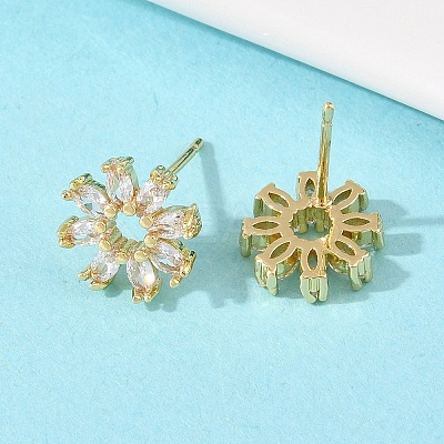 Flower Brass Micro Pave Clear Cubic Zirconia Stud Earrings EJEW-F400-01C-G-1