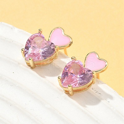 Heart Brass Cubic Zirconia Stud Earrings EJEW-A132-05G-1