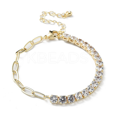 Brass Micro Pave Cubic Zirconia Strass & Paperclip Chain Bracelets BJEW-C052-04G-01-1
