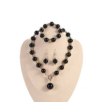 Plastic Imitation Pearl Round Beaded Pendant Necklaces & Dangle Earrings & Bracelets Sets for Women WG180C3-04-1