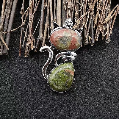 Alloy Pave Natural Unakite Cat Shaped Pendant Necklaces FS-WG6CBFA-07-1