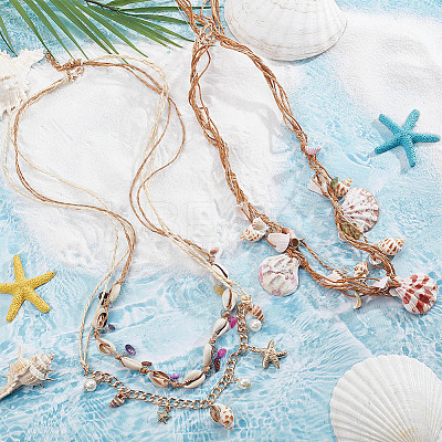 2Pcs 2 Styles Natural Shell Pendants Bib Necklaces Set with Polyester Cords NJEW-AN0001-66-1