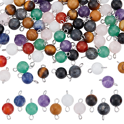 80Pcs 10 Styles Natural & Synthetic Mixed Gemstone Round Connector Charms PALLOY-UN00031-1