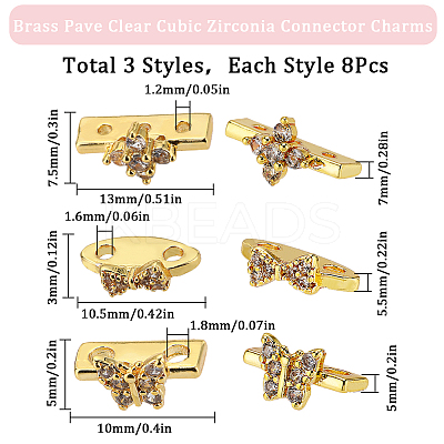 24Pcs 3 Styles Brass Pave Clear Cubic Zirconia Connector Charms KK-SC0004-24G-1