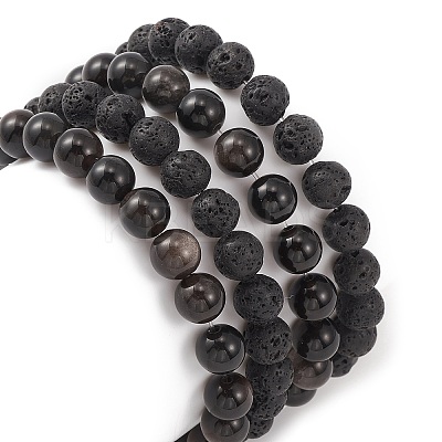 4Pcs 4 Style Natural Silver Obsidian & Lava Rock Stretch Bracelets Set BJEW-JB09480-1