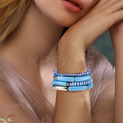 4Pcs 4 Style Acrylic Chunky Curved Tube Stretch Bracelet Sets BJEW-SW00074-03-1