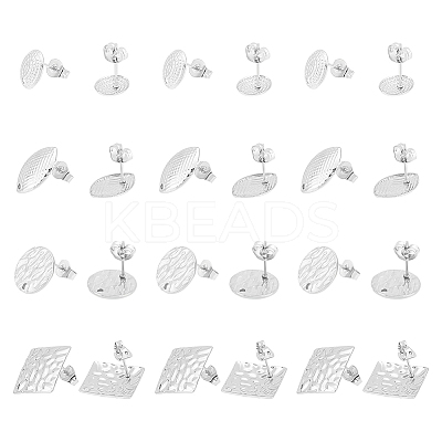 24Pcs 4 Style Round Oval Rhombus 304 Stainless Steel Stud Earring Findings STAS-UN0056-21-1