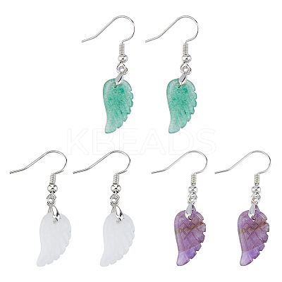 3 Pairs 3 Styles Natural Mixed Gemstone Wings Dangle Earrings with Brass Pins for Women EJEW-FI0003-19-1