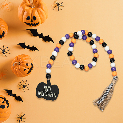 Round Wooden Beaded Halloween Decoration AJEW-WH20019-61-1