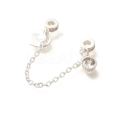 Brass Clear Cubic Zirconia European Safety Chains with Heart Charms KK-C085-15S-1